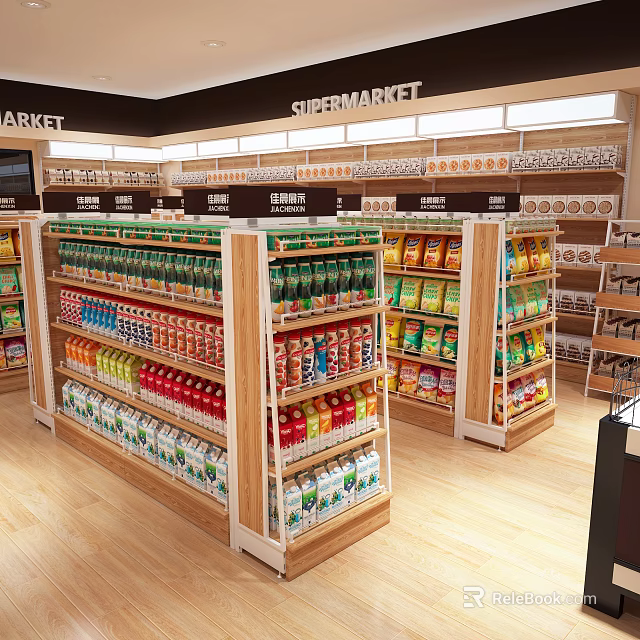 Supermarket Interior with Well Stocked Shelves Displaying Various Grocery and Household Products 3d model 