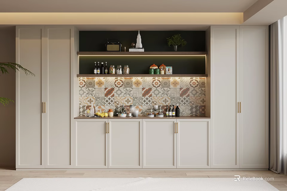 Modern Light Colored Wine Cabinet With Tile Backsplash Open Shelves And Decorative Items 3d model