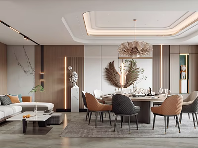 Modern Luxury Private Dining Room With Round Table Chairs And Chandelier 3d model