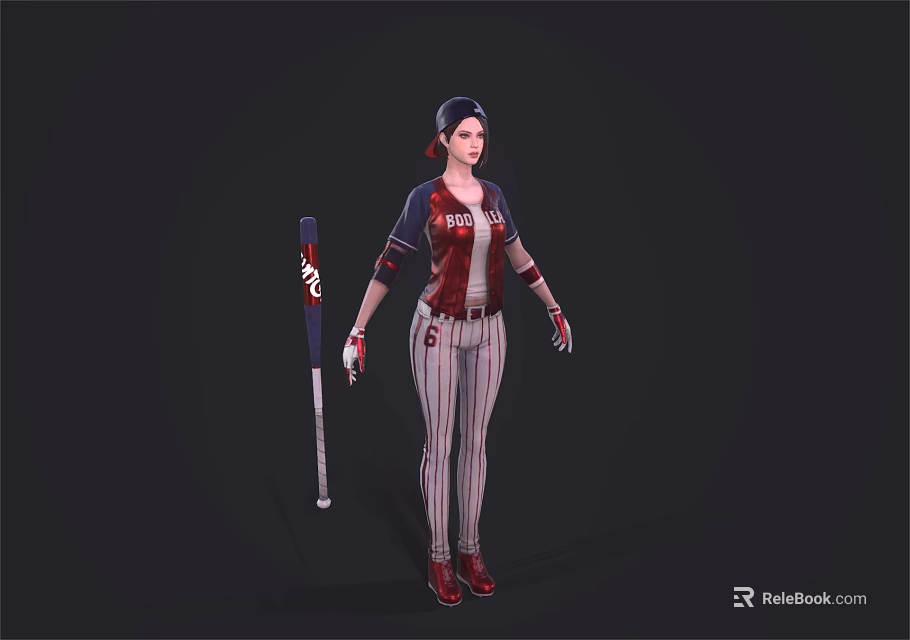 Woman in Red and White Striped Baseball Uniform Standing with Bat and Sports Gear 3d model 