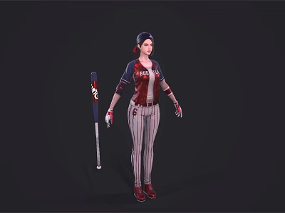 Woman in Red and White Striped Baseball Uniform Standing with Bat and Sports Gear 3d model