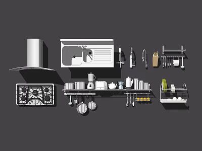 Essential Modern Kitchen Appliances Including Range Hood Coffee Maker Blender Pots And Knives 3d model