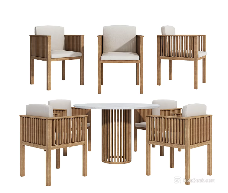 Modern Wooden Dining Table Set With Round Table And Slatted Back Chairs 3d model 