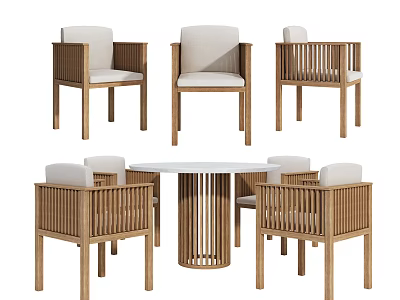 Modern Wooden Dining Table Set With Round Table And Slatted Back Chairs 3d model