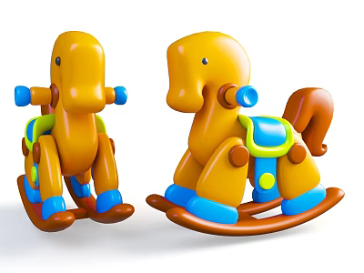 Colorful Electric Rocking Horse Toys For Kids With Yellow Body Blue Accents And Brown Tails 3d model
