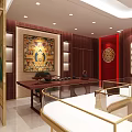 Elegant Beijing Caibai Jewelry Store Interior With Glass Display Counters Gold Jewelry And Red Backdrops