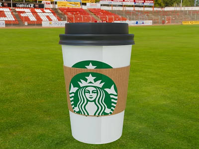 Starbucks Coffee Cup With Green Logo Brown Sleeve And Black Lid On Green Grass Field 3d model