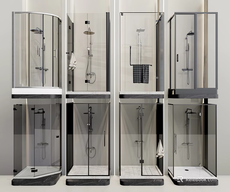 Modern Shower Sauna Units With Glass Enclosures And Multiple Showerhead Designs 3d model 
