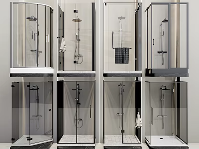 Modern Shower Sauna Units With Glass Enclosures And Multiple Showerhead Designs 3d model