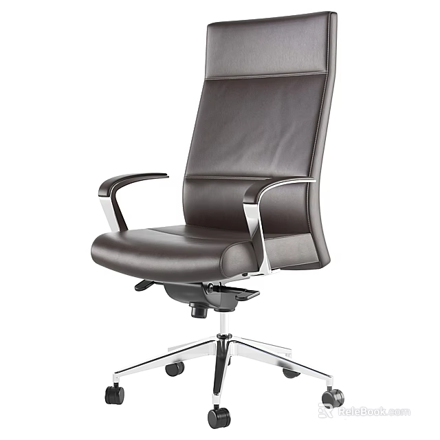 Modern Brown Leather Office Chair With High Back And Metal Armrests Swivel Base 3d model 