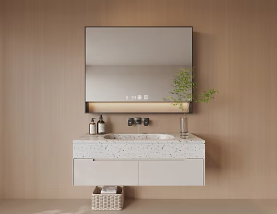 Modern Bathroom Vanity With Wooden Background Mirror Countertop Cabinet And Green Plant 3d model