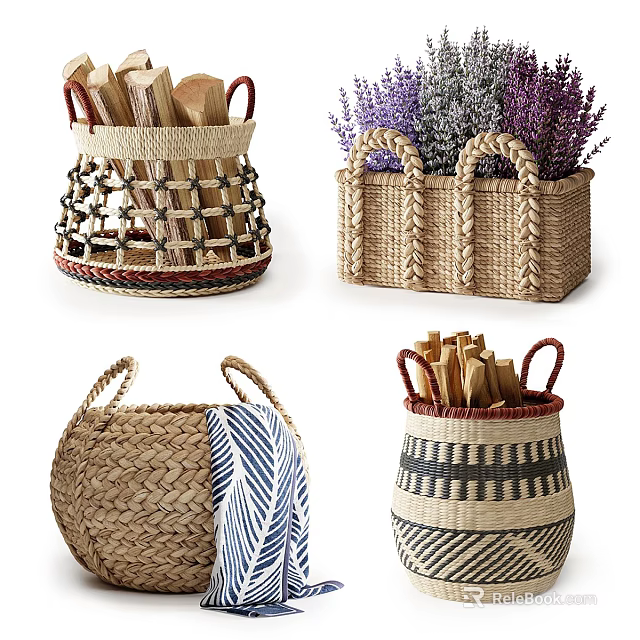 Stylish Woven Storage Baskets For Home Decor With Wooden Utensils And Lavender 3d model 