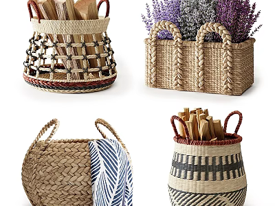 Stylish Woven Storage Baskets For Home Decor With Wooden Utensils And Lavender 3d model