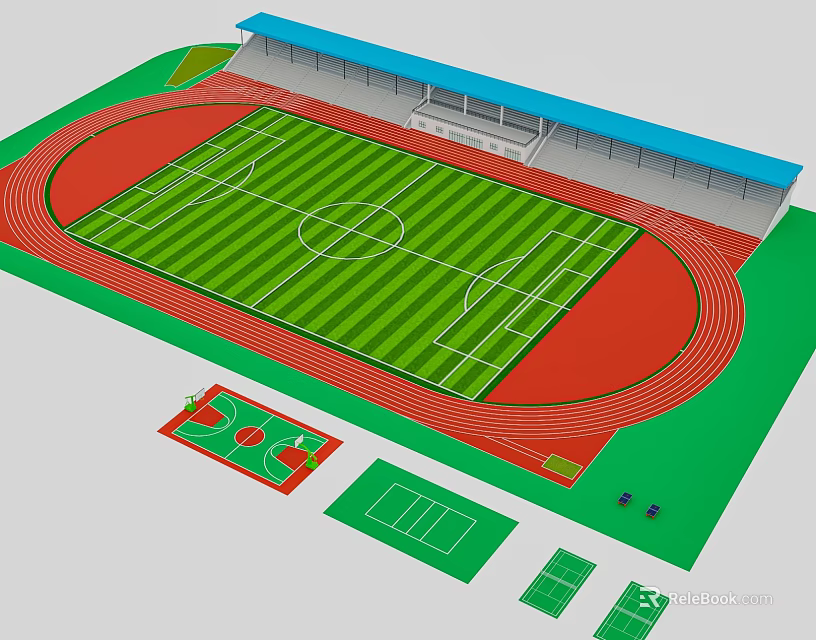 Football Stadium with Green Grass Pitch Red Running Track Blue Stands and Small Sports Courts 3d model 