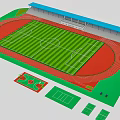 Football Stadium with Green Grass Pitch Red Running Track Blue Stands and Small Sports Courts