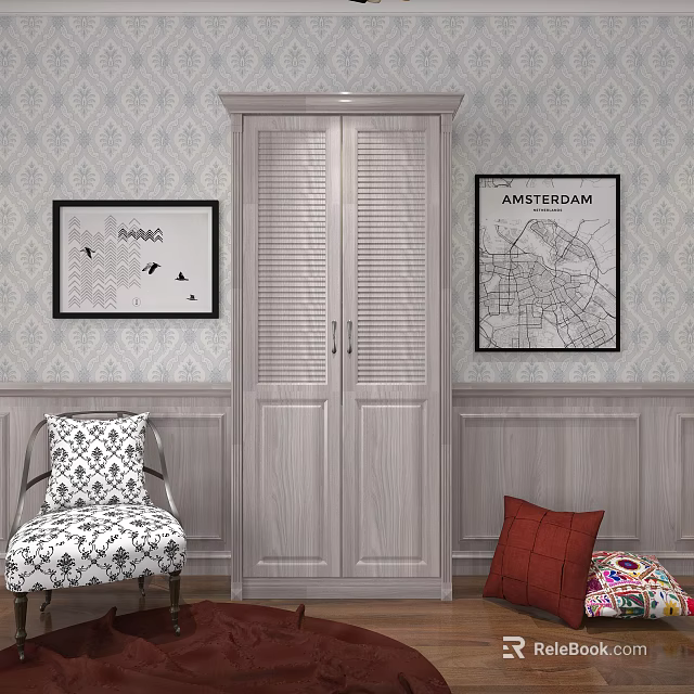 Classic Louvered Door Wardrobe in Room with Decorative Wall Art and Wainscoting 3d model 