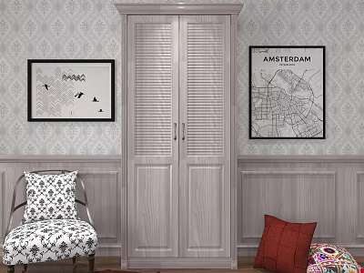 Classic Louvered Door Wardrobe in Room with Decorative Wall Art and Wainscoting 3d model