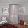 Classic Louvered Door Wardrobe in Room with Decorative Wall Art and Wainscoting