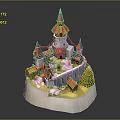 Cartoon Castle Village Scene With Red Pointed Towers Small Houses Green Trees And White Decorations