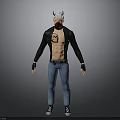Man With White Horns Red Mask Skull Tattoo Black Leather Jacket And Blue Jeans