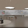 Modern Interior Hall with Circular Skylights Mountain Landscape Wall Green Plants and Furniture