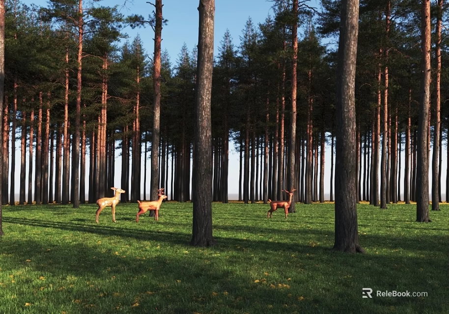 Natural Garden Ornament With Tall Pine Trees And Deer On Sunlit Green Meadow 3d model 