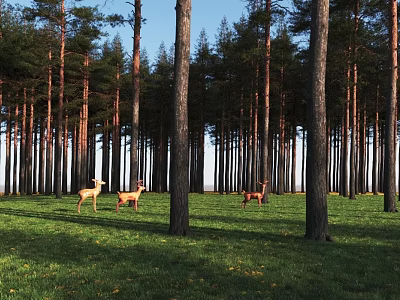 Natural Garden Ornament With Tall Pine Trees And Deer On Sunlit Green Meadow 3d model