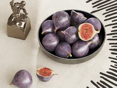 Ceramic Bowl Filled With Fresh Purple Figs On Light Tablecloth With Black Geometric Patterns 3d model