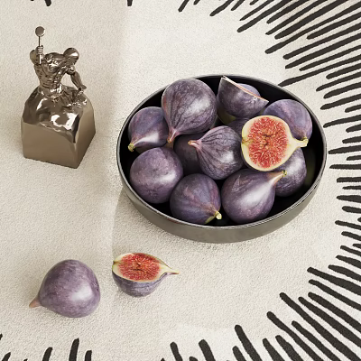 Ceramic Bowl Filled With Fresh Purple Figs On Light Tablecloth With Black Geometric Patterns 3d model