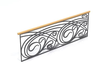 Ornate Black Iron Fence With Swirl Patterns And Wooden Top Rail 3d model