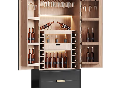 Modern Wooden Wine Cabinet With Glass Holders Wine Racks And Storage Drawer 3d model