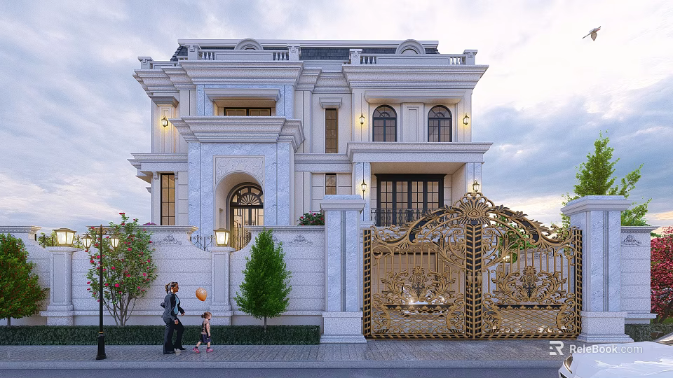 Elegant Detached Villa With White Exterior Golden Gate And Classic Design 3d model 