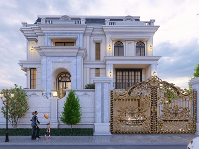 Elegant Detached Villa With White Exterior Golden Gate And Classic Design 3d model