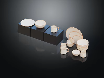 Modern Minimalist Ceramic Tableware Set With Stacked Plates Bowls And Cups 3d model