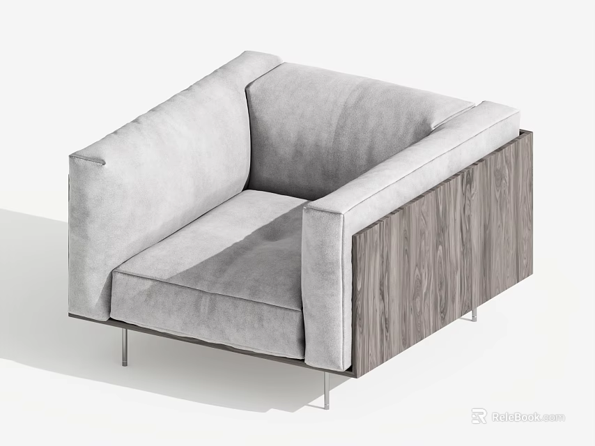 Modern Light Grey Fabric Single Sofa With Wooden Side Panel And Metal Legs 3d model 