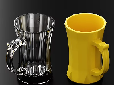 Transparent And Yellow Mugs With Textured Bodies And Strong Handles On Black Background 3d model