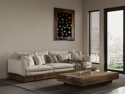 Modern White Sofa With Throw Pillows And Wooden Coffee Table By Window With Decorative Painting 3d model