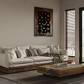 Modern White Sofa With Throw Pillows And Wooden Coffee Table By Window With Decorative Painting