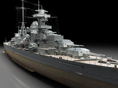Detailed Battleship Model With Main Turrets Deck And Masts Structure 3d model