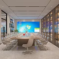 Modern Conference Room Interior With Long Table Light Gray Chairs And Wall Bookshelves