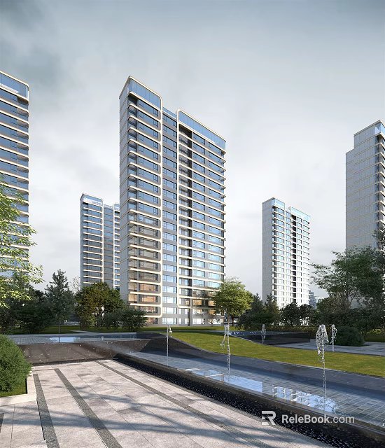 Modern High Rise Residential Building With Glass Curtain Wall Green Trees Lawn And Pedestrians 3d model 