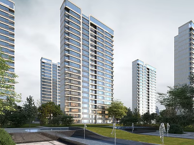 Modern High Rise Residential Building With Glass Curtain Wall Green Trees Lawn And Pedestrians 3d model