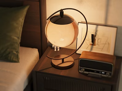 Bedside Table With Round Table Lamp Vintage Radio And Decorative 3d model