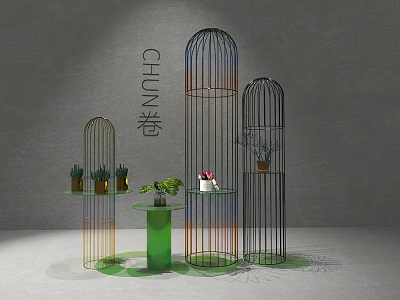 Cage Like Display Shelves with Various Colors for Plants And Decorative Items in Modern Interior 3d model