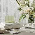 Decorative Ornament Set With White Flower Bouquet Green Fruits Books Candle Notebook And Transparent Vase
