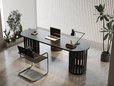 Modern Minimalist Black Oval Office Desk With Comfortable Chair Laptop And Lamp For Home Workspace 3d model