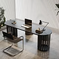 Modern Minimalist Black Oval Office Desk With Comfortable Chair Laptop And Lamp For Home Workspace