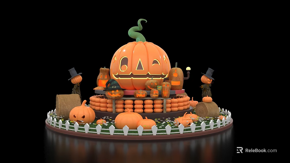 Halloween Pumpkin Photo Spot With Smiling Face Jack O Lanterns And Hay Bales 3d model 