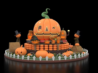 Halloween Pumpkin Photo Spot With Smiling Face Jack O Lanterns And Hay Bales 3d model
