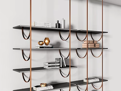 Elegant Modern Bookcase With Black Shelves Copper Brackets Books And Decorative Items 3d model